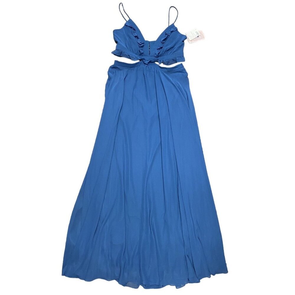 Chiffon Maxi Dress Lovely Lux Sz 10 Gown Dusk Blue V- Neck Cut Outs Prom Wedding